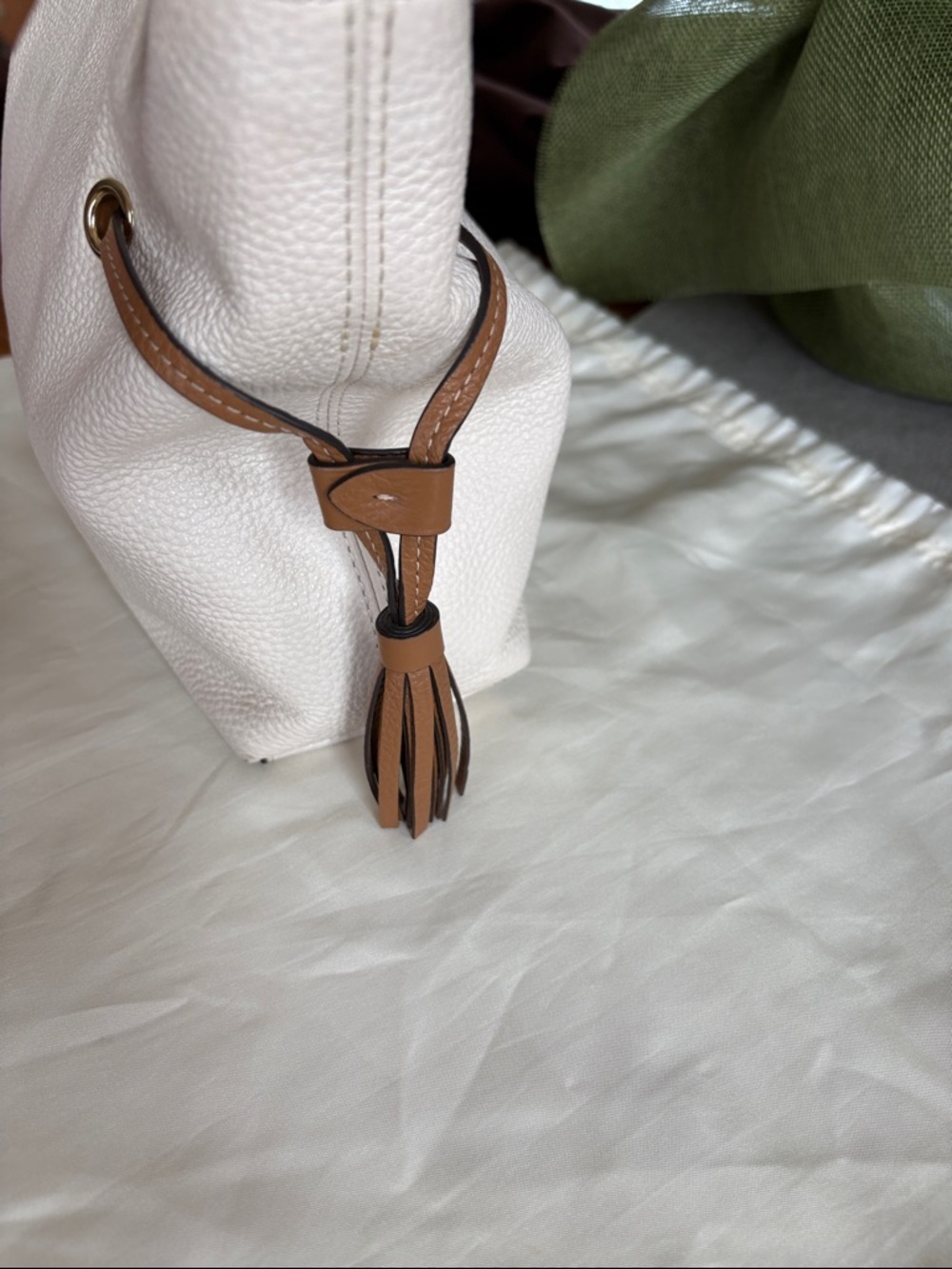 Coach White Pebbled Leather Tote with Tan Trim and Tassels - Picture 4 of 7